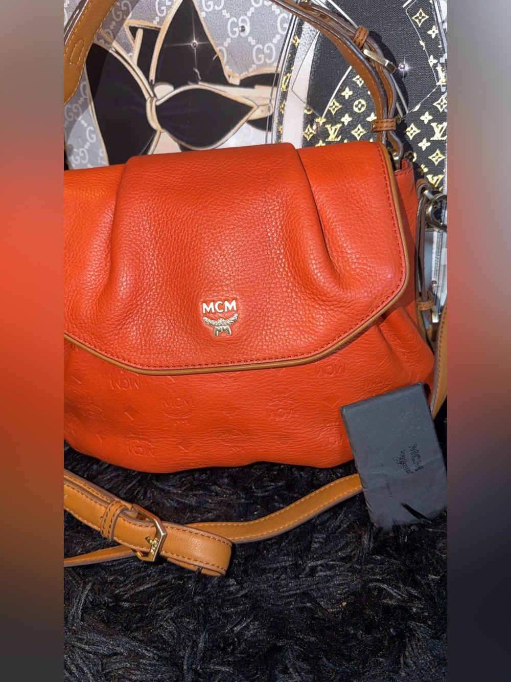 MCM Orange Pebbled Leather Shoulder Bag with Gold Logo